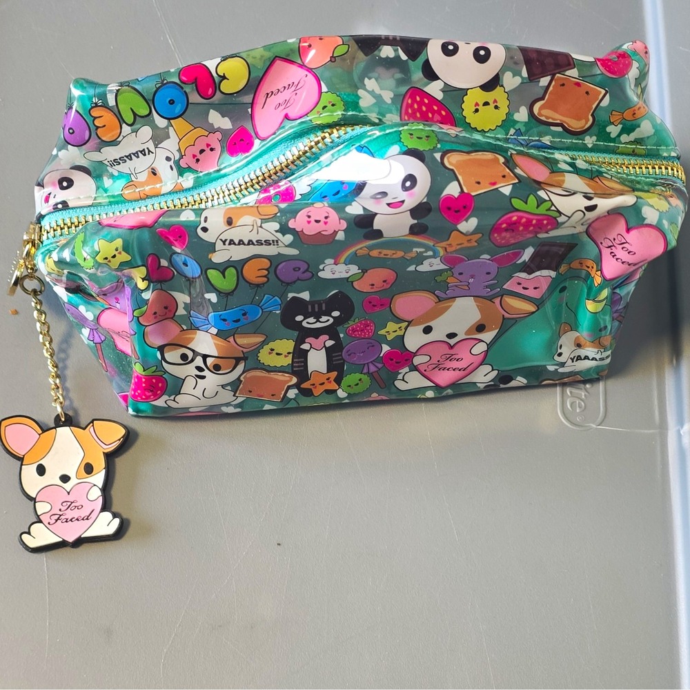 Too Faced Multicolor Green Plastic Zipper Makeup Bag Pouch 9x5x2 in